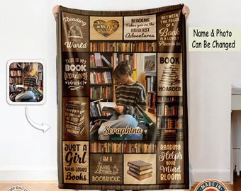 Manta personalizada para amantes de los libros, manta con foto y nombre personalizados, "Solo una chica que ama los libros", "Libros favoritos", regalo para el club de lectura de ratones de biblioteca.