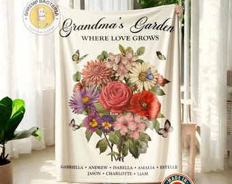 Customized Vintage Grandma's Garden Blanket, Birth Month Flowers With Family Names Gift, Custom Bouquet Blanket Woven, Gift For Nana, Mom