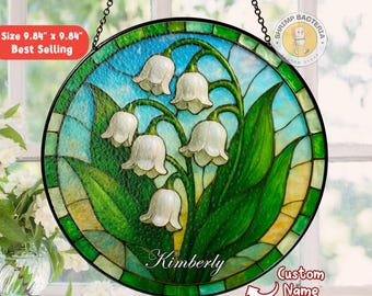Acchiappasole in vetro colorato con fiori di mughetto personalizzati, decorazione artistica con fiori di mughetto, idea regalo per la famiglia di fiori del mese di nascita di aprile