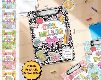 Cuaderno de composición con nombre personalizado para profesores, regalo de agradecimiento, portapapeles Apple con nombre para profesores, regalo de regreso a clases, decoración del aula