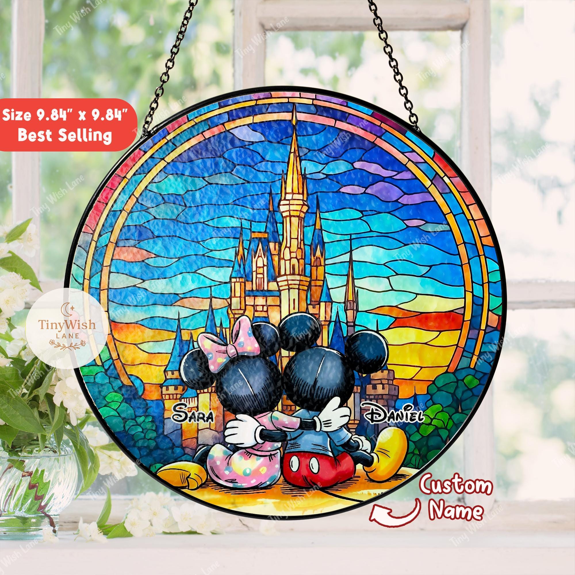 Personalized Mickey Mouse Stained Glass Suncatcher, Custom Couple
