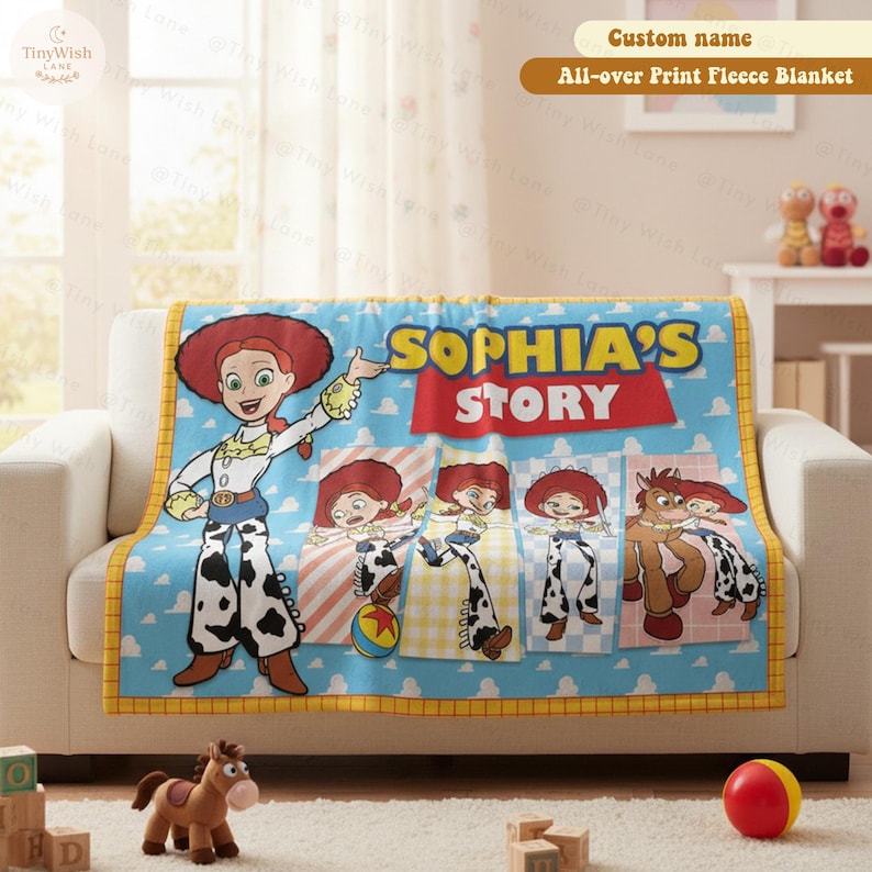 Może przedstawiać: Niebieski polarowy koc z postacią Jessie z Toy Story. Koc ma niestandardową nazwę i słowa "SOPHIA'S STORY" w kolorze czerwonym. Koc jest ozdobiony wizerunkami Jessie i ż&oacute;łtą obw&oacute;dką.