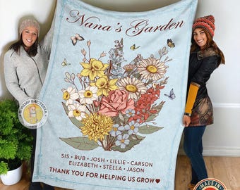 Customized Vintage Nana's Garden Blanket, Birth Month Flower With Family Names Gift, Custom Bouquet Blanket Woven, Gift For grandma Nana Mom