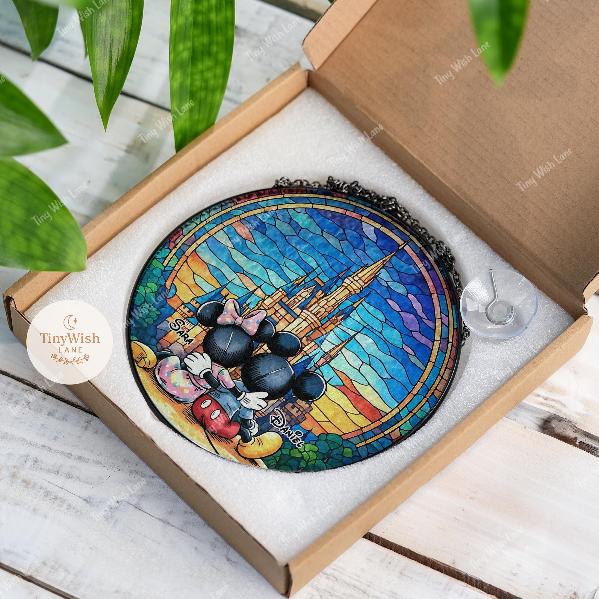 Personalized Mickey Mouse Stained Glass Suncatcher, Custom Couple