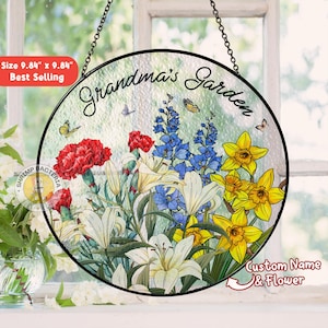 Custom Grandma&#39;s Garden Stained Glass Suncatcher, Custom Birth Month Flower Gift, Suncatcher Gift For Grandma, Mother&#39;s Day Gift For Grandma