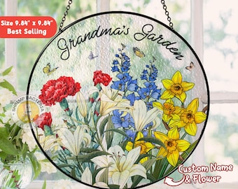 Custom Grandma's Garden Stained Glass Suncatcher, Custom Birth Month Flower Gift, Suncatcher Gift For Grandma, Mother's Day Gift For Grandma