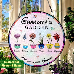 Gepersonaliseerde Grandma&#39;s Garden Disney Geboortemaand Bloem Gebrandschilderd glas Suncatcher, Moederdag Verjaardagscadeau voor moeder Nana Mimi van kleinkinderen