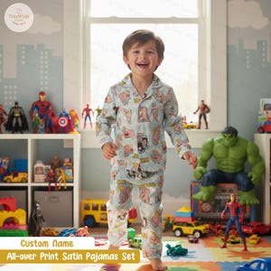 Custom Name All Over Print PJ Set, Dumbo Elephant Sleepwear Set, Personalized Dumbo Jumpo Satin Pajamas, Kids Birthday Gift, Toddler & Girls image 8