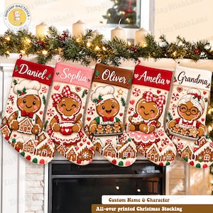 May include: Five Christmas stockings featuring gingerbread characters and custom names: Daniel, Sophia, Oliver, Amelia, and Grandma. Each stocking displays a unique gingerbread figure, festive candy accents, and a gingerbread house pattern at the base.