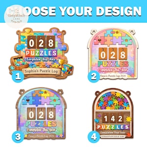 May include: Wooden puzzle log designs with the text "CHOOSE YOUR DESIGN". Each log displays a number of puzzles completed, with the text "PUZZLES Completed This Year". The logs are in various shapes and colors.