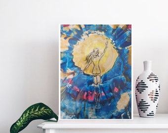 May include: A framed abstract painting with a blue, yellow, and white color scheme. The painting depicts a figure standing in front of a bright light.