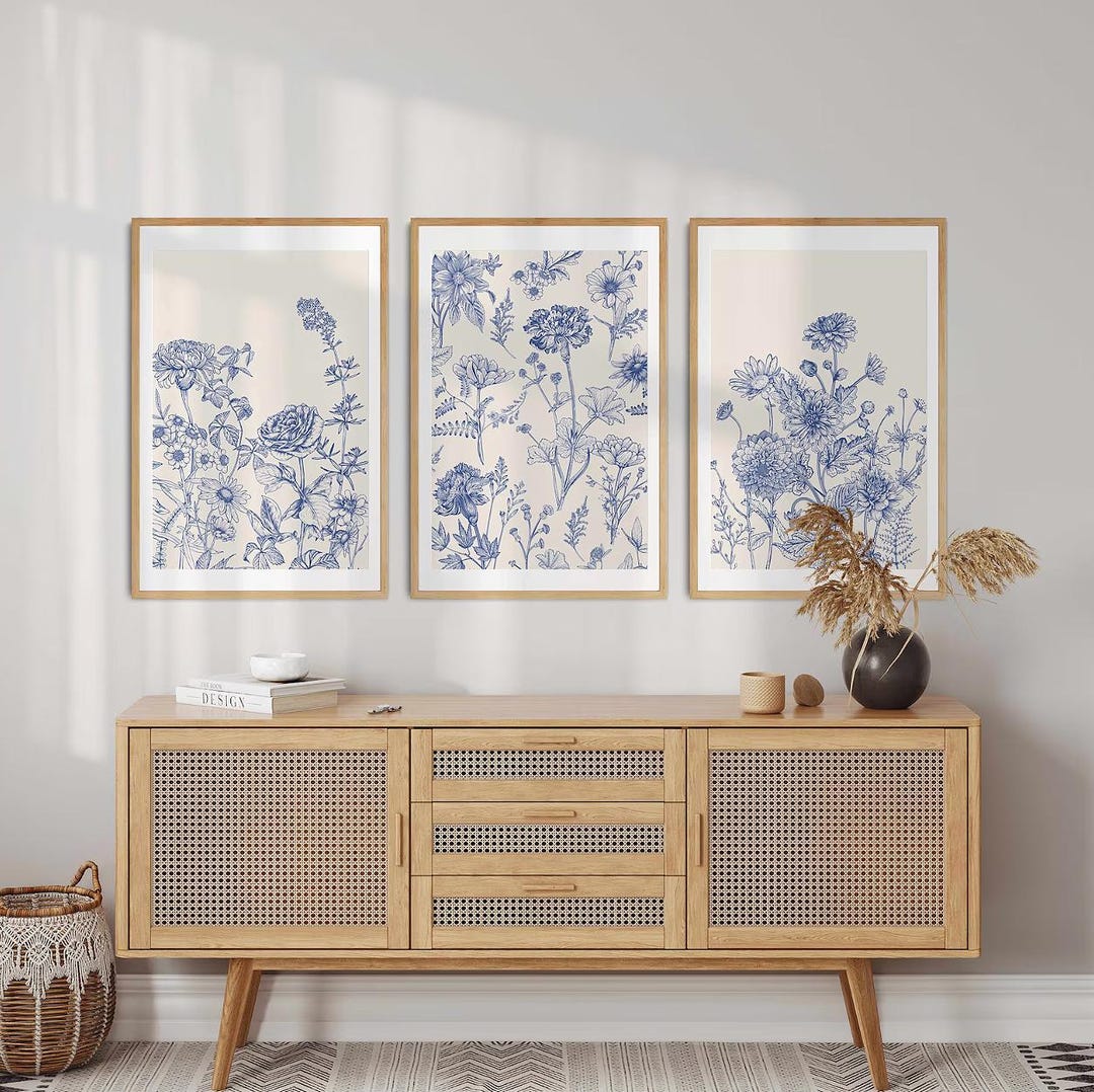 Blue Botanical Prints Set, Floral Wall Art, Set of 3 (digital Download ...
