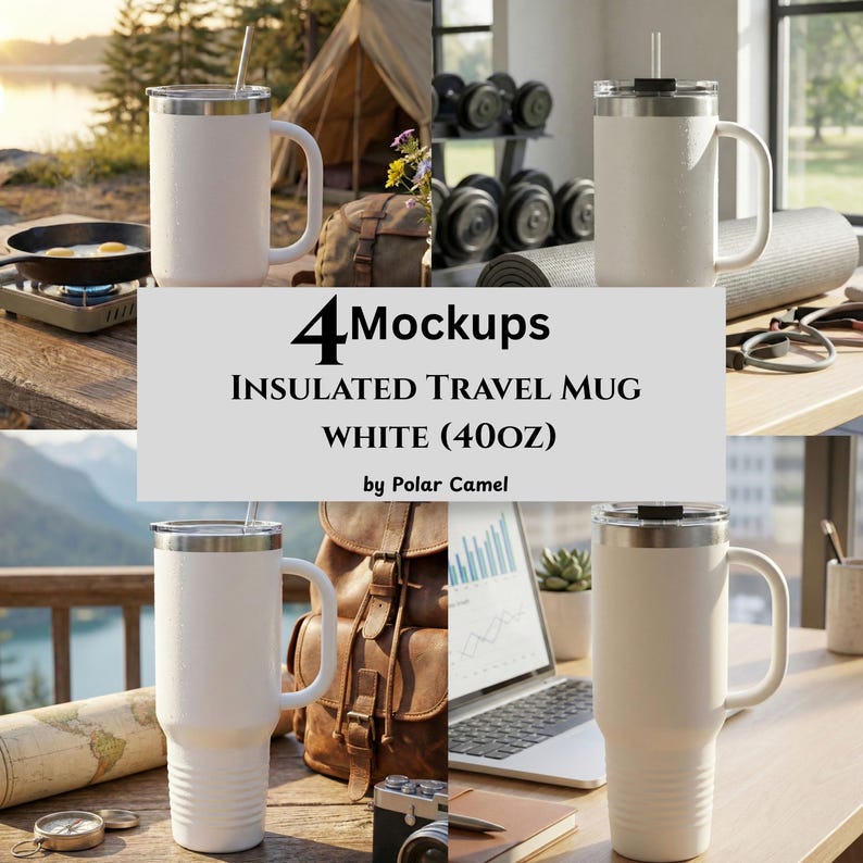 Op de afbeelding: Vier mockups van een witte ge&iuml;soleerde reismok (ongeveer 1,18 liter) met een handvat en een deksel met rietje. De mokken worden getoond in verschillende omgevingen, waaronder buiten en in de buurt van een laptop.