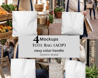 Tote Bag AOP Mockups, Navy Color Handle, Generic Brand, POD Sellers