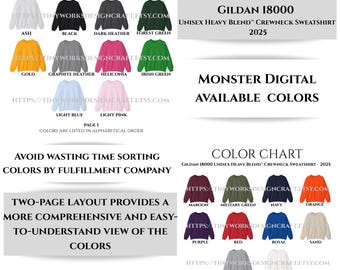 Gildan 18000 Color Chart: Print-on-Demand Sweatshirt Colors (Digital Download)