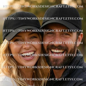 May include: Two people wearing black baseball caps, smiling broadly. The caps have a curved brim and a structured design. The image includes the text "HTTPS://TINYWORKSDESIGNCRAFT.ETSY.COM" repeated across the image.