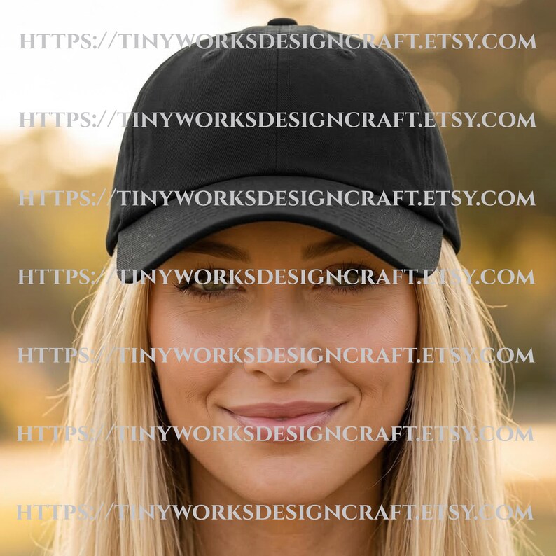 May include: A black baseball cap with a curved brim. The cap is made of a solid, dark fabric and has a rounded crown. The text "HTTPS://TINYWORKSDESIGNCRAFT.ETSY.COM" is printed on the image.
