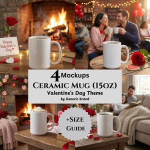 Könnte beinhalten: Vier Mockups von weißen Keramikbechern mit Valentinstag-Thema. Die Becher haben ein Fassungsvermögen von 444 ml. Das Bild enthält den Text "Happy Valentine's Day" und "+SIZE GUIDE". Die Becher werden in verschiedenen Umgebungen gezeigt, darunter in der Nähe eines Kamins und mit Paaren.