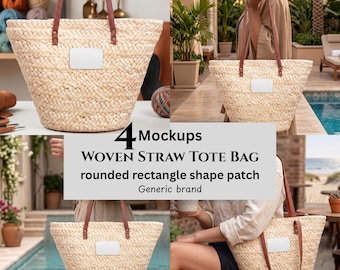 Woven Straw Tote Bag Mockups, Rounded Rectangle Shape Patch, Generic Brand, POD Sellers