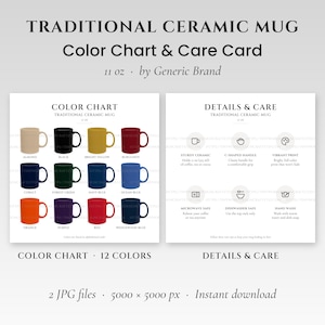 Puede incluir: Una visualización de producto digital que presenta una tabla de colores y una tarjeta de cuidado para una taza de cerámica tradicional. La tabla muestra 12 colores de taza, incluyendo almendra, negro, amarillo, burdeos, cobalto, verde bosque, azul marino, azul océano, naranja, morado, rojo y azul wedgewood.