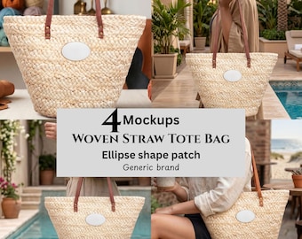Woven Straw Tote Bag Mockup, Ellipse Shape Patch, Generic Brand, POD Sellers