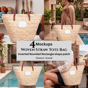 Può includere: Una borsa tote in paglia intrecciata beige con manici in pelle marrone e una toppa rettangolare bianca. La borsa ha un aspetto naturale e strutturato. L'immagine include il testo "4 Mockups" e "WOVEN STRAW TOTE BAG".