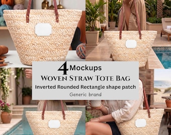 Woven Straw Tote Bag Mockups, Inverted Rounded Rectangle Shape Patch, Generic Brand, POD Sellers