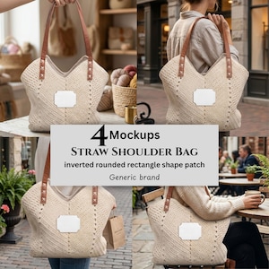 Maquetas de bolsos de hombro de paja, parche con forma de rectángulo redondeado invertido, marca genérica, vendedores de impresión bajo demanda.