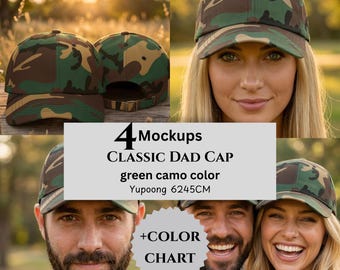 Classic Dad Cap Mockups & Color Chart, Green Camo Color, Yupoong 6245CM, POD Sellers