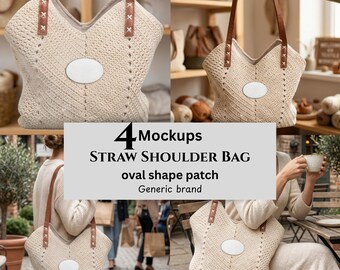 Straw Shoulder Bag Mockups, Oval Shape Patch, Generic Brand, POD Sellers