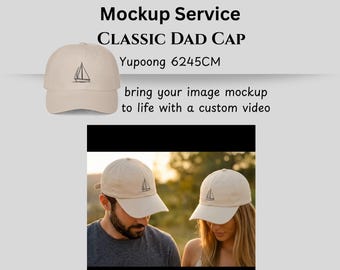 Servicio de maquetación de vídeo personalizada para gorras clásicas de béisbol Yupoong 6245 CM, para vendedores de impresión bajo demanda.