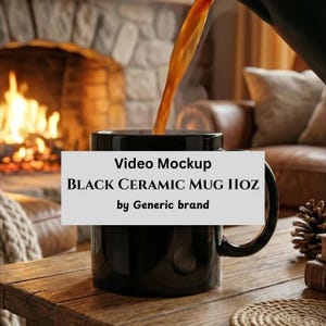 May include: A black ceramic mug with a capacity of 11 ounces is being filled with a dark liquid. The mug is on a wooden table, with a fireplace and leather furniture in the background. The text "Video Mockup BLACK CERAMIC MUG 11OZ by Generic brand" is displayed.