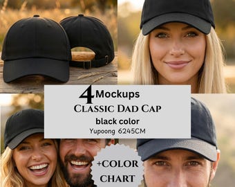 Mockups en kleurenkaart klassieke Dad Cap, zwarte kleur, Yupoong 6245 CM, print-on-demand verkopers