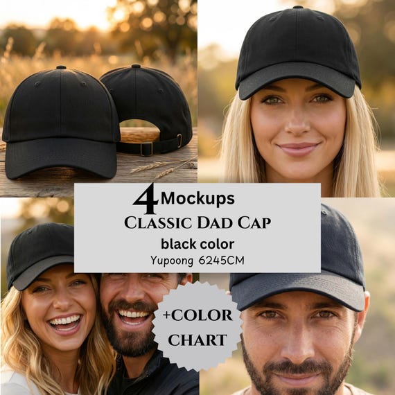 Classic Dad Cap Mockups & Color Chart, Black Color, Yupoong 6245CM, Print On Demand Sellers