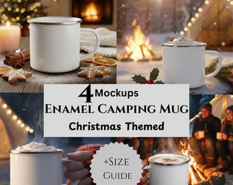 Geëmailleerde campingmok, testmodellen en maattabel: kerstthema, print on demand