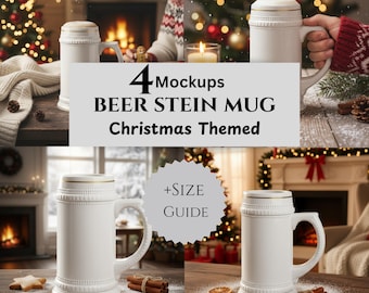 Beer Stein Mug Mockups & Size Guide: Christmas Theme, Print On Demand
