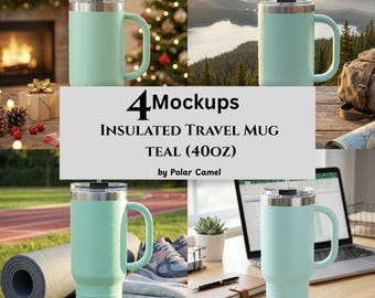 Insulated Teal Travel Mug Mockups, by Polar Camel, for Print On Demand Sellers