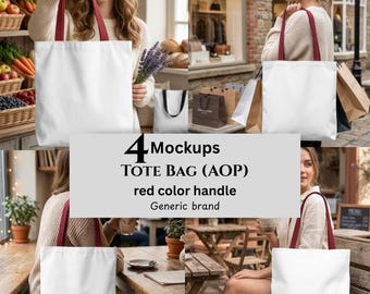 Tote Bag AOP Mockups, Red Handle, Generic Brand, POD Sellers