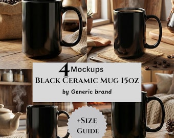 Black Ceramic Mug Mockups & Size Guide. Generic Brand. 15 oz. Print On Demand