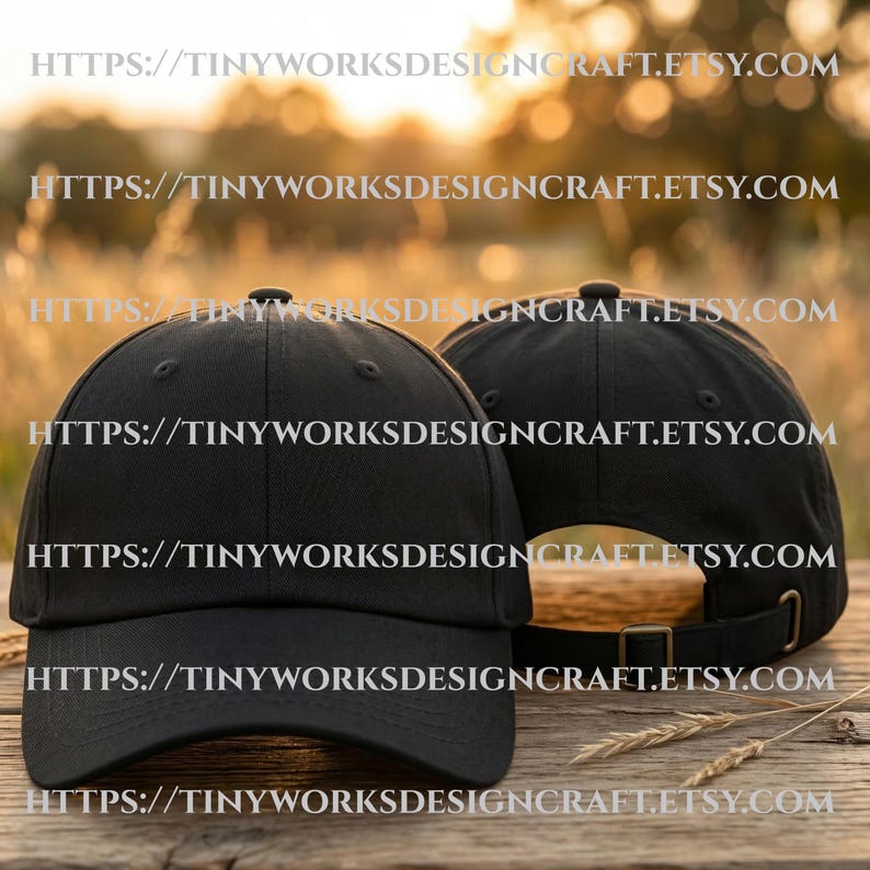 May include: Two black baseball caps are displayed, one in front and one behind, showcasing the front and back views. The caps have a curved brim and an adjustable strap. The background is a blurred outdoor scene with the text HTTPS://TINYWORKSDESIGNCRAFT.ETSY.COM.