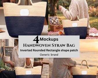 Handwoven Straw Bag Mockups, Inverted Rounded Rectangle Shape Patch, Generic Brand, POD Sellers