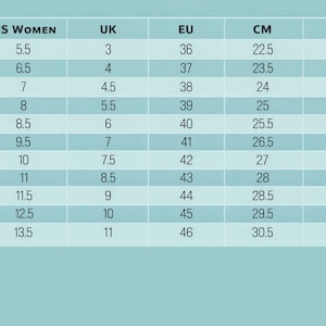 Puede incluir: Tabla de conversi&oacute;n de tallas de zapatos en color azul claro. Incluye tallas de EE. UU. para hombres, EE. UU. para mujeres, Reino Unido, UE, CM y pulgadas. La tabla est&aacute; dise&ntilde;ada para ayudar a los clientes a encontrar la talla de zapato correcta.
