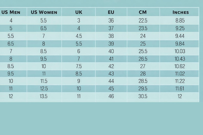 Puede incluir: Tabla de conversi&oacute;n de tallas de zapatos en color azul claro. Incluye tallas de EE. UU. para hombres, EE. UU. para mujeres, Reino Unido, UE, CM y pulgadas. La tabla est&aacute; dise&ntilde;ada para ayudar a los clientes a encontrar la talla de zapato correcta.