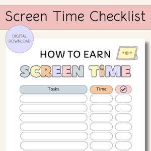Op de afbeelding: Een printbare checklist om schermtijd te verdienen. De checklist heeft twee kolommen, een voor taken en een voor tijd. De koptekst luidt "Hoe schermtijd te verdienen" met kleurrijke letters. Er is een vinkje-icoon en een digitaal apparaat-icoon.