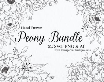 Peony Flower SVG Bundle, Peony Clip Art, Floral Arrangements, Flower Art, Peony Line Art, PNG, AI