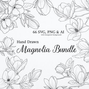 Puede incluir: Una ilustración en blanco y negro de un ramo de flores de magnolia. La imagen incluye 66 archivos SVG, PNG y AI con fondos transparentes. Ramo de Magnolia dibujado a mano.