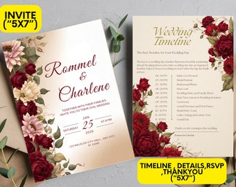 Burgundy Roses and Sunflower Wedding Invitation Set - Editable Templates with Wedding Timeline, Details, and RSVP