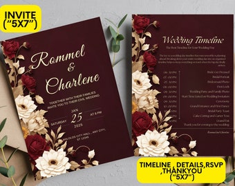 Burgundy Wedding Invitation Template, Burgundy Rose Wedding Template, Rustic Wedding Invitation, Editable Wedding , Floral Invitation