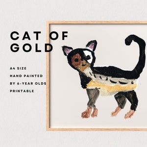 Watercolor Cat Gold Wall Art, Hand Painted Watercolor by Kids, Printable Poster, Neutral Colors, A4 PNG, Cat Painting Printable