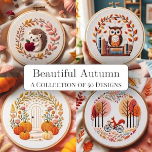 50 Autumn Hand Embroidery PDF Pattern Set, Pumpkin, Leaves, Nature, Deer, Fox, Squirrel, Books, Bonfire, Forest, Owl, Coffee